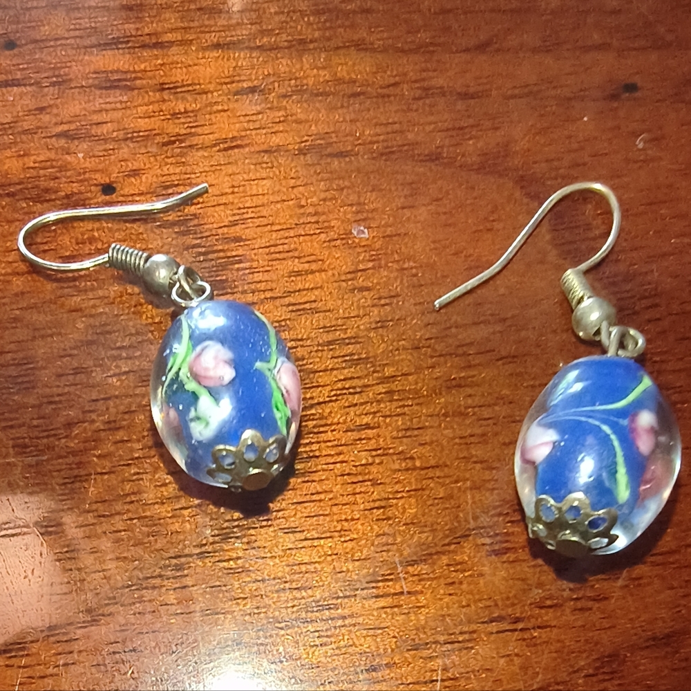 Floral Blue Drop Beaded Earrings Vtg Women's Costume Jewelry Pierced Earrings